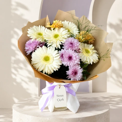 Lila Sabah Gerbera ve Krizantem Buketi