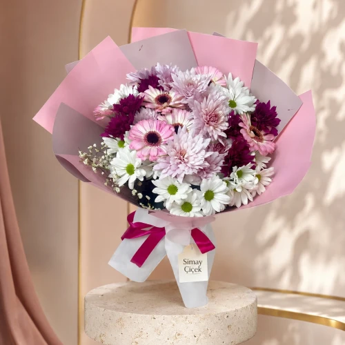 Pembe Harmoni Gerbera ve Krizantem Buketi